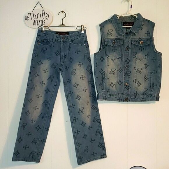 Girls Denim on Denim Set Ruthless ART VTG Logo Jeans Size 8 Vest size 12 - Picture 1 of 13